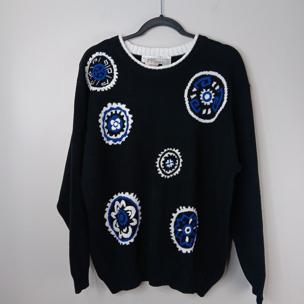 Vintage ELISABETH Liz Claiborne Sweater Women Size XL Knit Black Floral 90's NWT